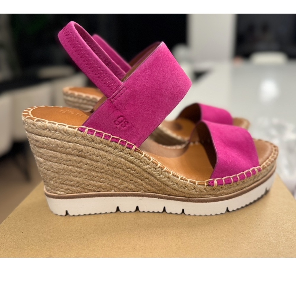 Kenneth Cole Elyssa Two-Band Pink and Tan Wedge Sandals with Espadrille Heel